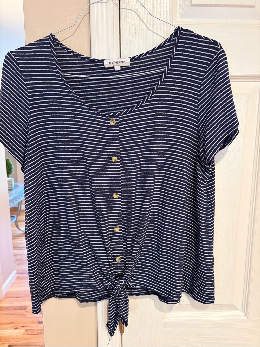 Navy & White Striped Tie-Front Button Top
